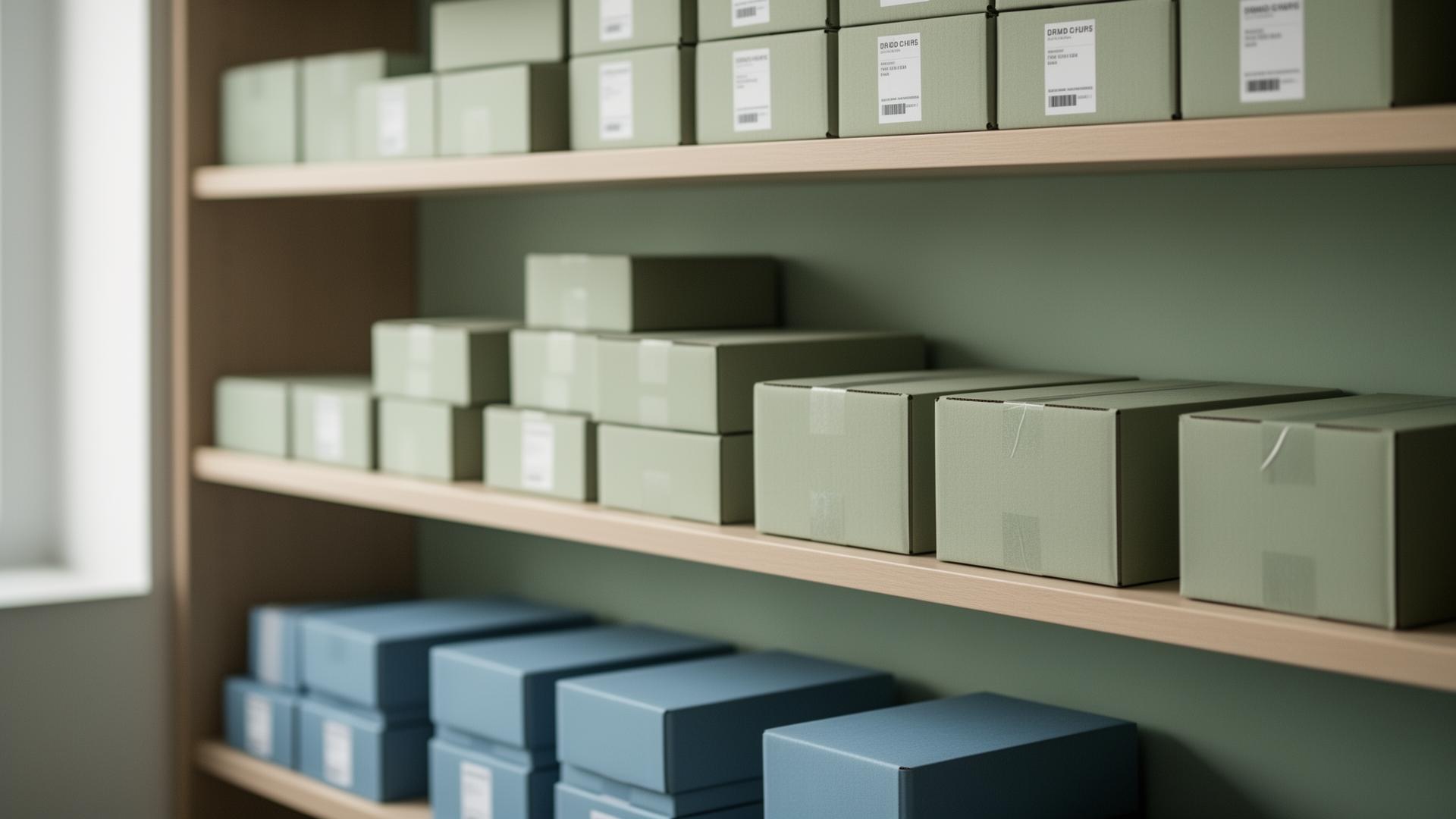 Calm, organized warehouse shelves with neatly labeled boxes